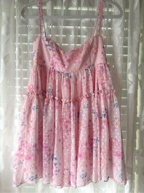 Lucy in the Sky Pink Floral Babydoll Sheer Chiffon Tiered Ruffle Dress - Small